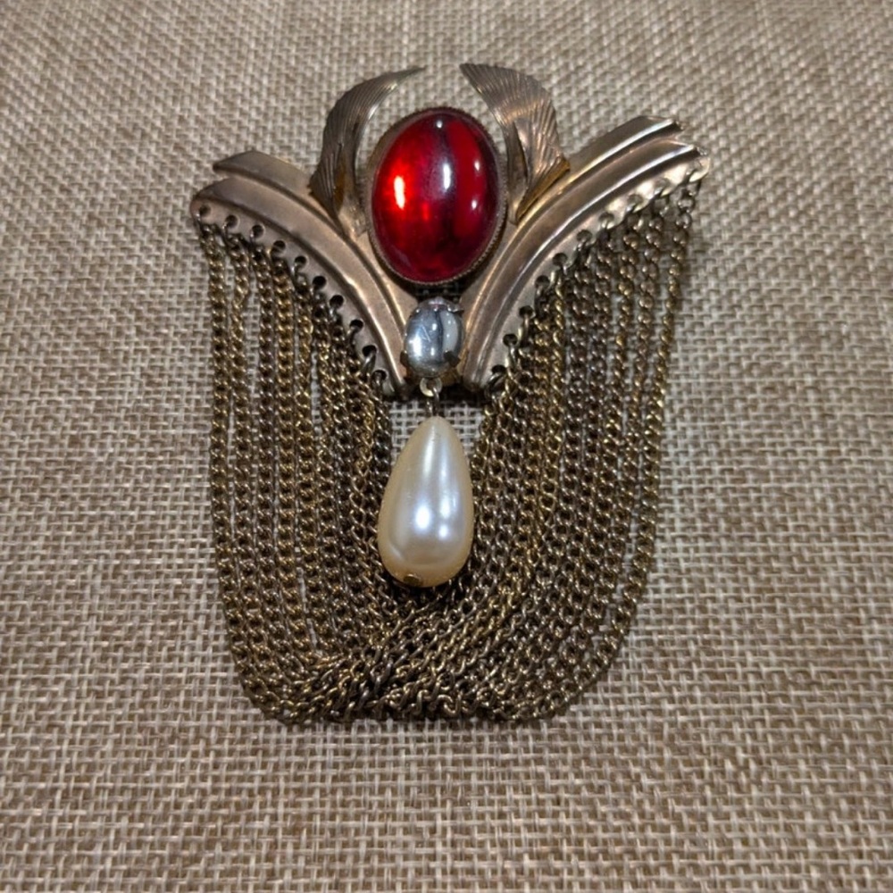 Unique Vintage Gold and Red Brooch with Pearl Accent